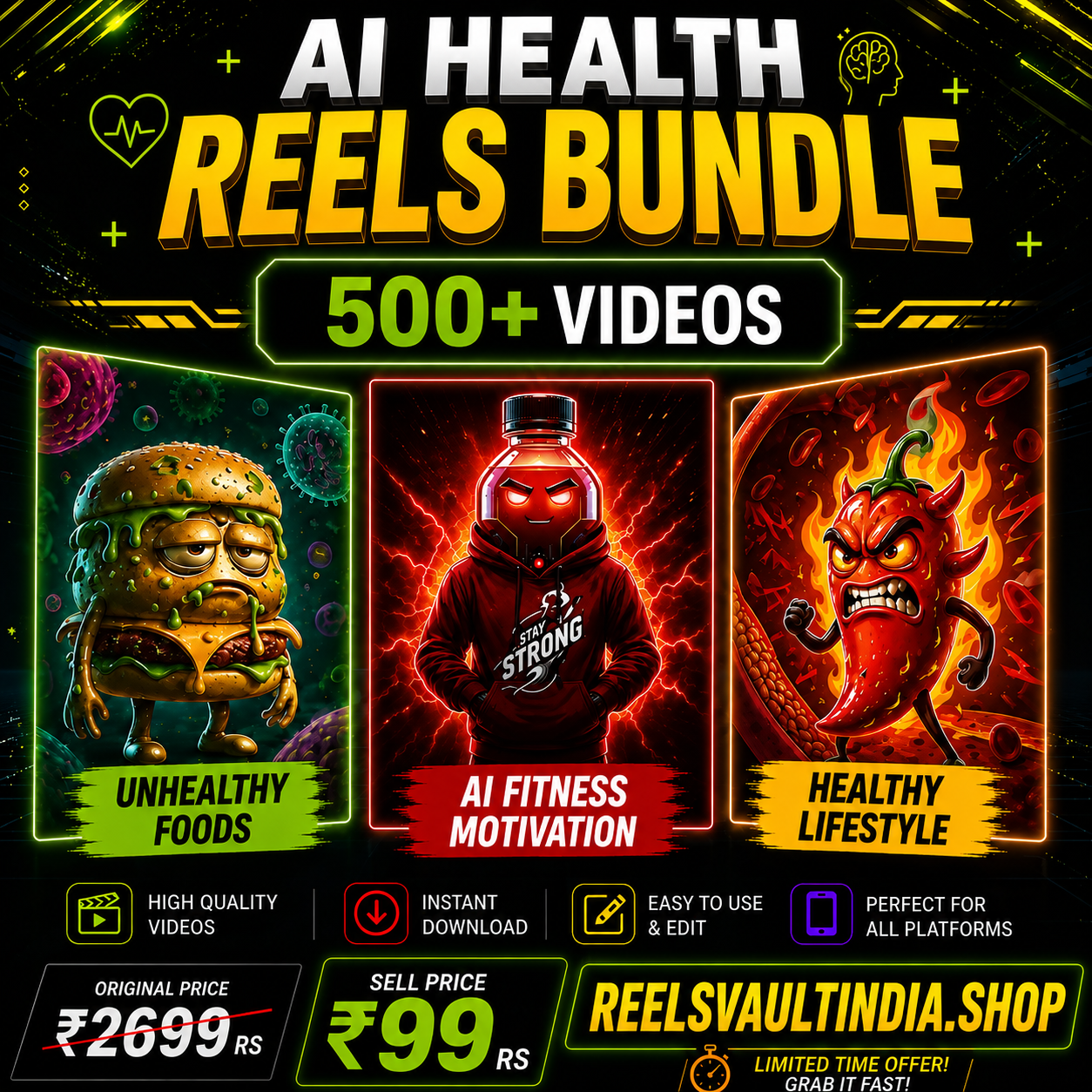 500+ AI Health Reels Bundle – High Quality Viral Health & Fitness Videos for Instagram, YouTube Shorts & Facebook